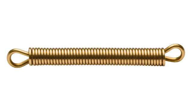 Golden metal spring with looped ends, isolated on transparent background