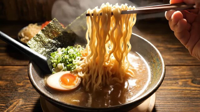 Close up of steaming ramen noodles lifted with chopsticks from a bowl with soft boiled egg, scallions and seaweed on a rustic wooden table for Japanese restaurant menu or food blog use