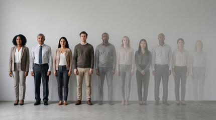 Obraz premium Group of diverse people standing in line against a light background with some figures partially fading in and out
