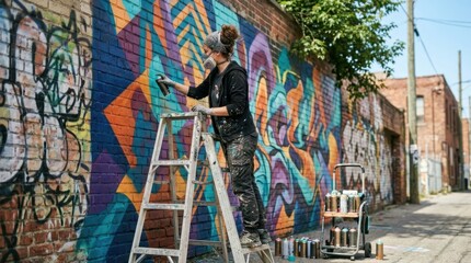 Obraz premium Dedicated female street artist carefully spray paints a vibrant, abstract, and colorful mural on an urban brick wall, standing on a ladder in a city alleyway.