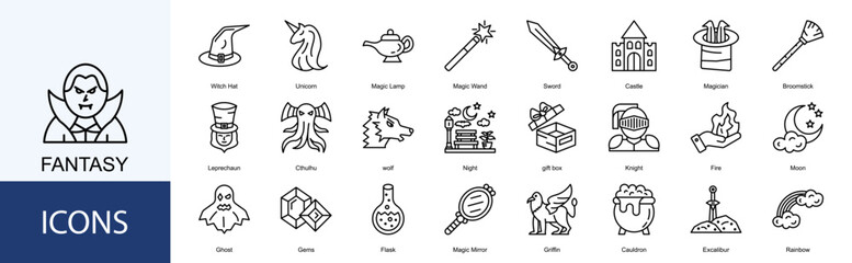 Fototapeta premium fantasy Icon Set Collection Pack Vector Illustration Concept. Containing halloween,hat,magic,witch,animal,fairy tale icon