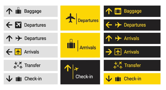 Set of airport information signs with clear icons for departures, arrivals, baggage, and check-in services
