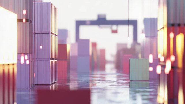 Shipping containers standing in an abstract industrial port with glowing lines symbolizing data flow and connectivity, representing modern freight and global trade networks