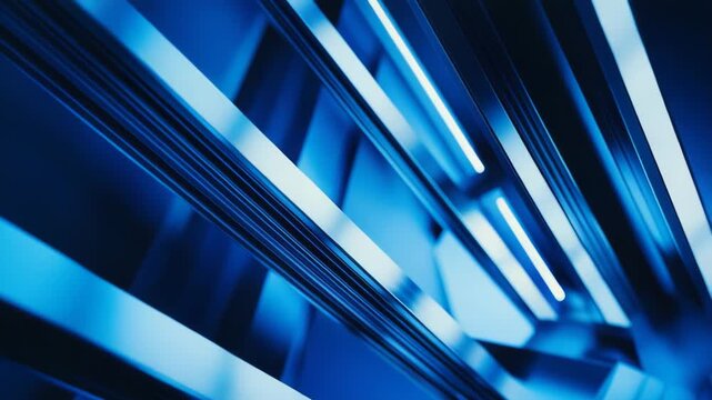 Abstract background featuring blue glowing metallic shapes and geometric lines creating a modern, high tech structure, representing development and data transfer