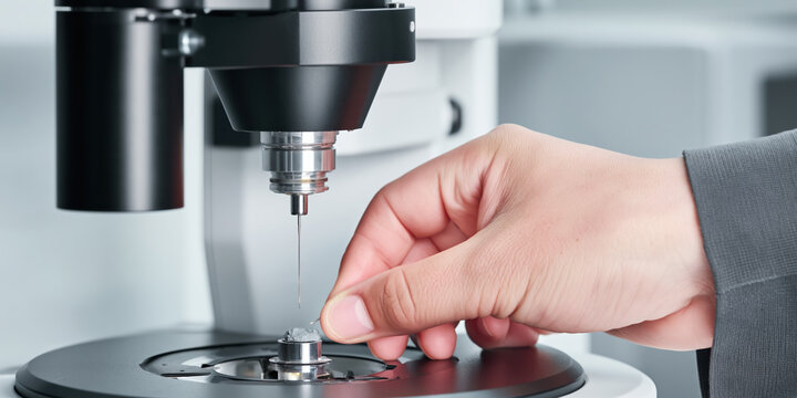 Medical technology laboratory microscope technician handling specimen slide microscope with