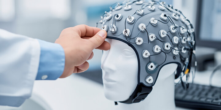 Medical technology research headset with sensor electrodes mannequin head exploring brain signals