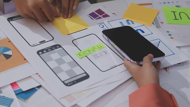 Asian uxui designer working on website design using sticky notes and wireframes