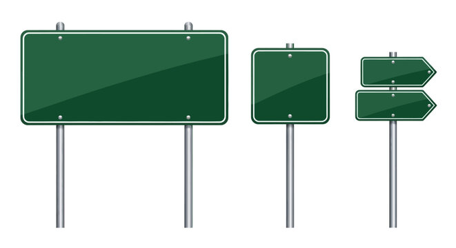 Set of three blank green road signs on metal posts, offering directional information and guiding travelers on their journey