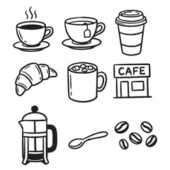 Obraz premium Bakery and Cafe Icon Set – Croissant, Coffee Cup, Tea, Pastry, Cafe Shop Symbols