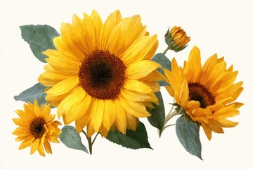 Fototapeta premium A vibrant cluster of yellow sunflowers with green leaves on a white background