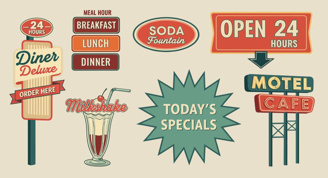 Stylized vector set of retro American diner and roadside signs, featuring vintage typography and iconic elements, evoking a nostalgic mid-century aesthetic