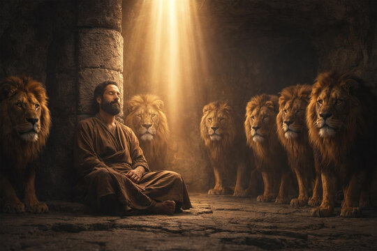 Daniel prays peacefully in the lions' den as divine light shines from above.