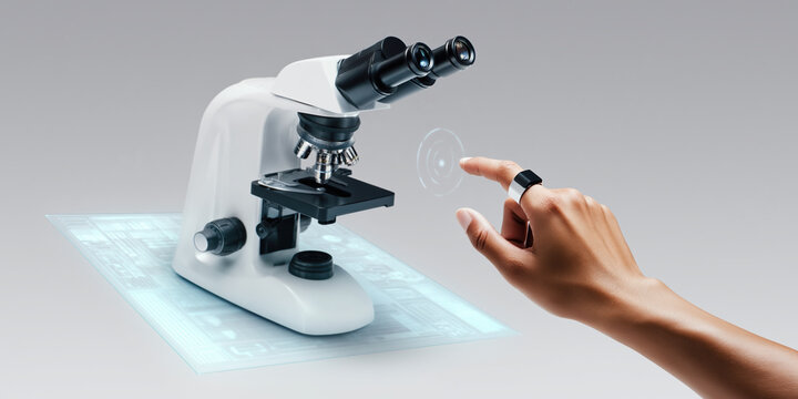 Futuristic microscope medical technology innovation lab touchscreen interaction