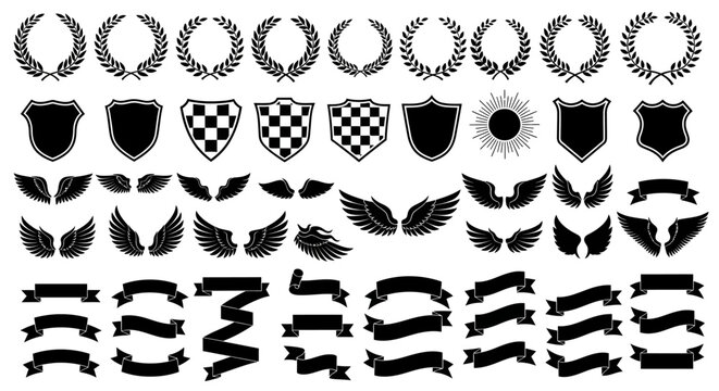 Elevate your design projects with this versatile vector collection of ornamental graphic elements, including classic wreaths, shields, wings, and banners, perfect for emblems and badges