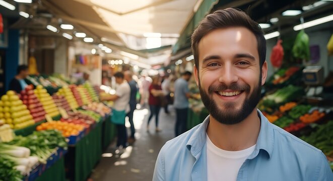 Smiling man at a vibrant outdoor market, fresh produce background.