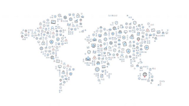 Animated abstract world map made of dots representing global data flow, connectivity, and digital networks. Ideal for cybersecurity, analytics, cloud computing, and technology presentations. 