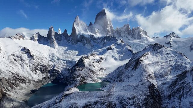 Mount Fitz Roy mountain peak in Los Glaciares National Park Patagonia, Argentina snow covered