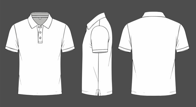 Blank White Polo Shirt Vector Illustration Set - Front, Side, and Back Views on a Dark Background