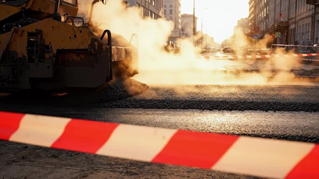 A construction machine rumbles through the city streets, releasing clouds of steam into the air. Bright red and white barriers create a striking contrast against the warm glow of sunset.