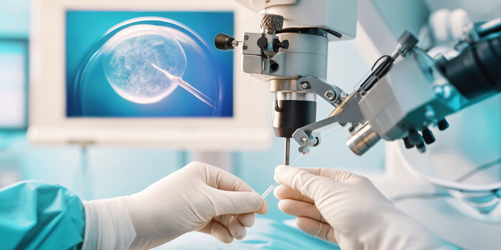 Medical technology laboratory microscope performing precision embryo injection procedure with