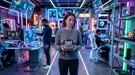 Obraz premium Woman holding a vintage phone in a tech space with colorful lights and screens during a busy workday