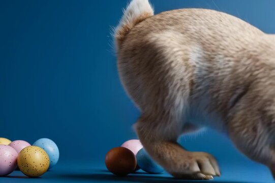 Frohe Ostern Konzept Feiertag Gru&szlig;karte, Karte mit deutschem Text Cooler Osterhase, Hase mit Ostereier, isoliert auf blauem Hintergrund