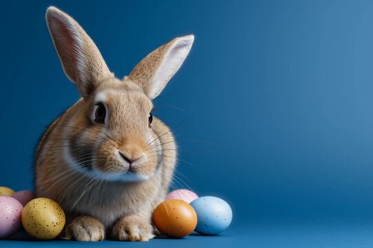 Frohe Ostern Konzept Feiertag Gru&szlig;karte, Karte mit deutschem Text Cooler Osterhase, Hase mit Ostereier, isoliert auf blauem Hintergrund