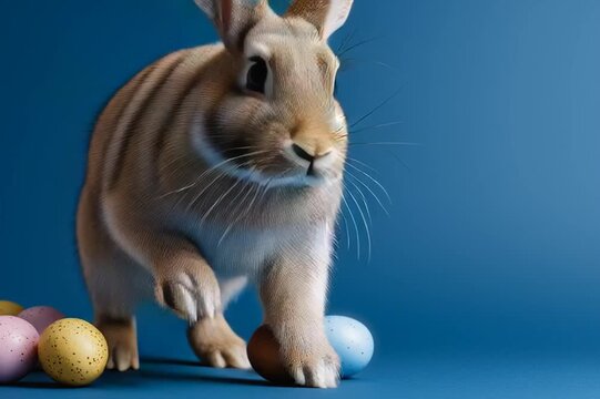 Frohe Ostern Konzept Feiertag Gru&szlig;karte, Karte mit deutschem Text Cooler Osterhase, Hase mit Ostereier, isoliert auf blauem Hintergrund