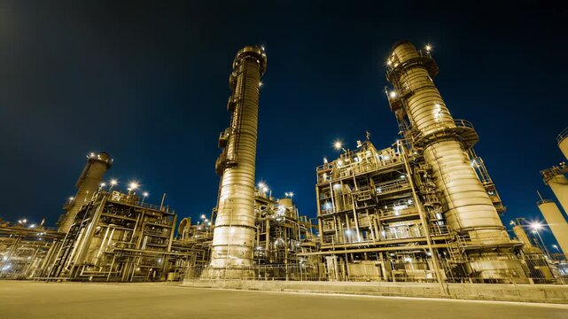 Large industrial oil refinery and chemical power plant with tall chimneys, intricate piping, and structural platforms, representing energy production and global industry