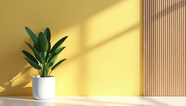 Green plant in white pot sits against bright yellow wall with sun shadows. Vertical wood paneling accents room corner. Minimalist decor style.