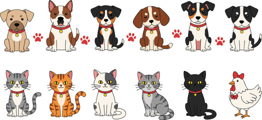 Cute Cartoon Cat and Dog Character Set Featuring Different Breeds Poses and Expressions with Adorable Pet Illustration Collection © MeheDi