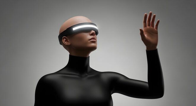 Person in black suit wearing a futuristic glowing visor. Human computer interface and neural link technology. Figure looking upward and reaching out in a virtual environment