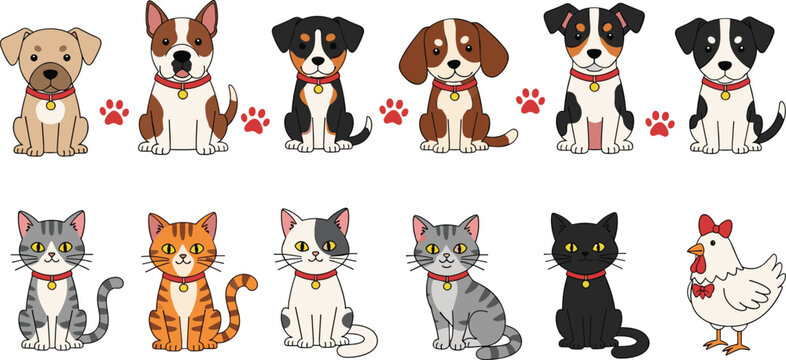 Cute Cartoon Cat and Dog Character Set Featuring Different Breeds Poses and Expressions with Adorable Pet Illustration Collection