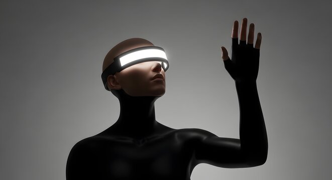 Human figure with a glowing visor and black body suit. Cybernetic enhancement and metaverse identity. Person reaching out while wearing a futuristic illuminated digital eyepiece