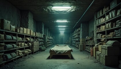 Naklejka na ściany i meble Underground military bunker filled with supplies. Shelves hold crates, bags, and containers. Dimly lit corridor with harsh fluorescent lights creates a sense of tension and hidden resources.