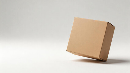 Obraz premium Blank kraft cardboard box on light grey seamless background, e-commerce delivery and shipping packaging mockup.
