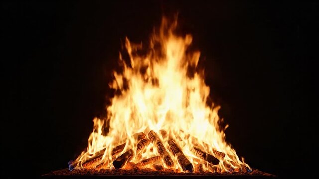 A bright and intense bonfire burns steadily with glowing orange flames and charred wooden logs against a dark black background