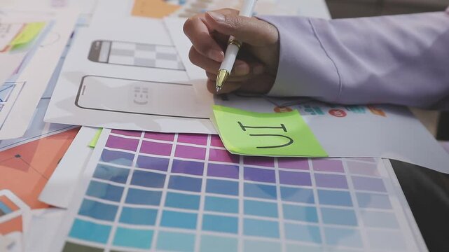 Asian uxui designer working on website design using sticky notes and wireframes