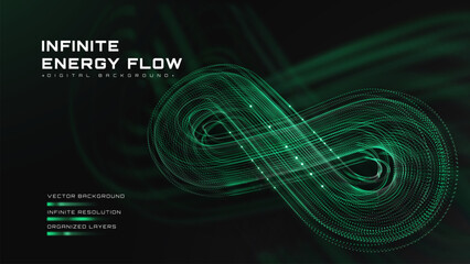 Abstract infinite energy flow background with digital green light wave. Modern technology system showing eco clean power loop connection. Vector illustration. © witsanu