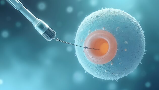 Microscopic view of ICSI sperm injection into egg cell. Medical pipette inserts sperm into ovum. Fertility treatment and conception process begins. Assisted reproduction science.
