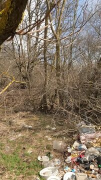garbage in the forest. garbage in the park. garbage on the road. natural landfills. Ukrainian landscapes 4k. garbage in the environment