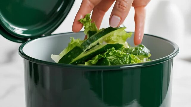 Close-up of a woman's hand dropping vegetable scraps into a green compost bin. Recycling food waste for organic gardening fertilizer. Sustainable zero waste lifestyle concept