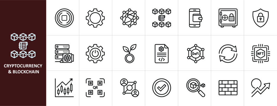 Cryptocurrency and Blockchain Line Icon Set - Minimalist Fintech and Digital Currency Vector Illustrations