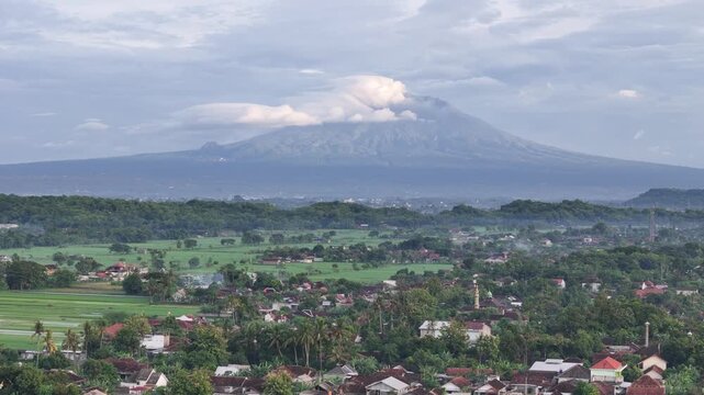 Wide Panorama of Mount Merapi and Surrounding Villages