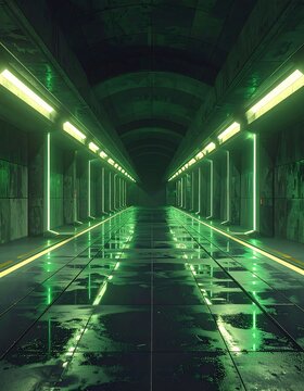 A dark, futuristic corridor with green neon lights and wet floor