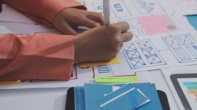 Asian uxui designer working on website design using sticky notes and wireframes