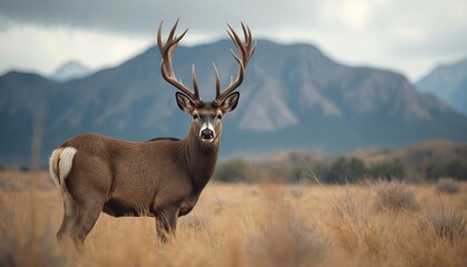 Fototapeta premium Large male deer with big antlers stands in a dry grassy field. Mountains rise in the background under a cloudy sky. This wild animal is a cervid. Majestic mammal grazes.