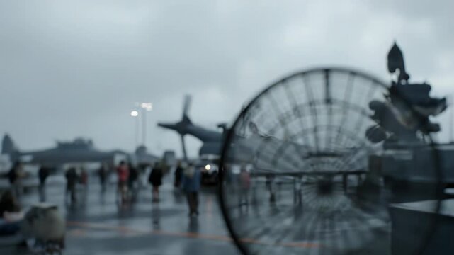 Large signal light on a military vessel creating a structured abstract pattern with its grid, reflecting the somber grey environment and blurred maritime setting