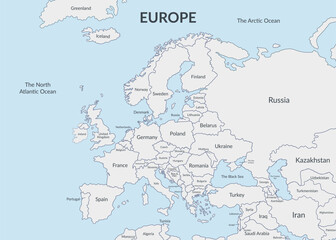 Fototapeta premium Detailed political map of the European countries and nearby regions. Vector flat background.