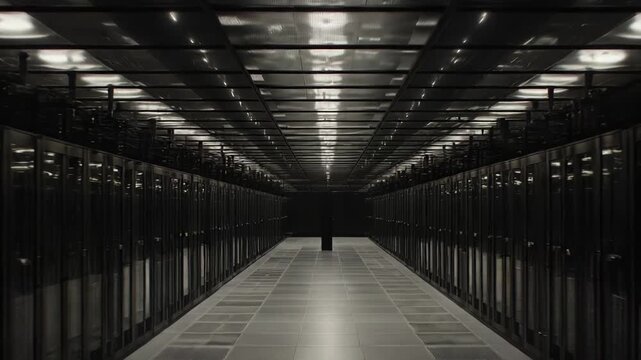 Data center server racks creating a long corridor, representing advanced cloud computing technology, digital storage, and the critical infrastructure for network processing